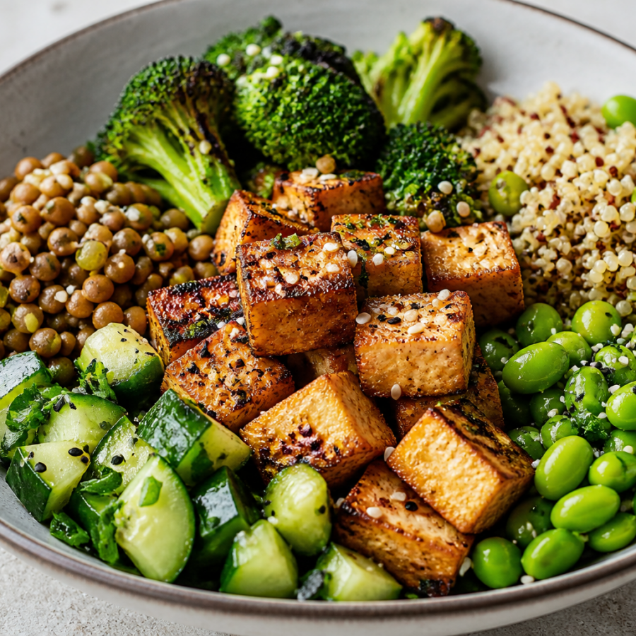 Wegański posiłek z tofu, edamame, soczewicą, komosą i brokułami