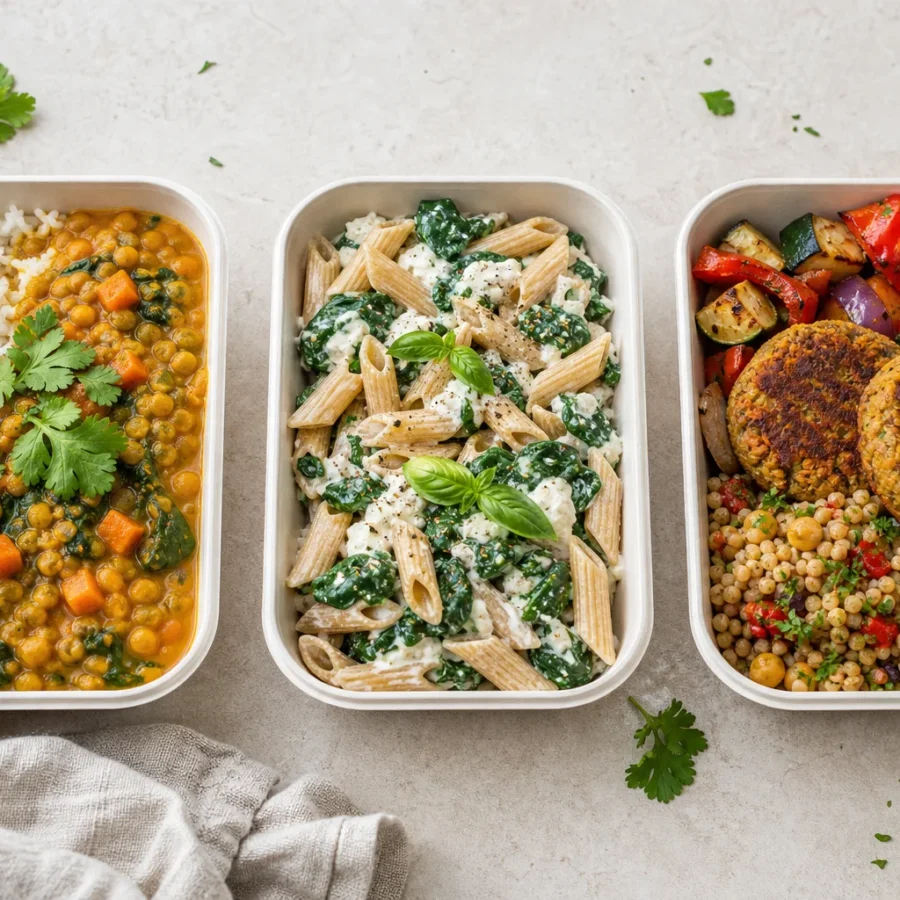Trzy różne dania wegetariańskie: curry, makaron i kotleciki ze strączków
