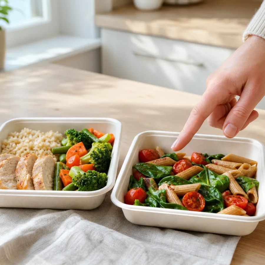 Dwa różne posiłki cateringu dietetycznego do wyboru