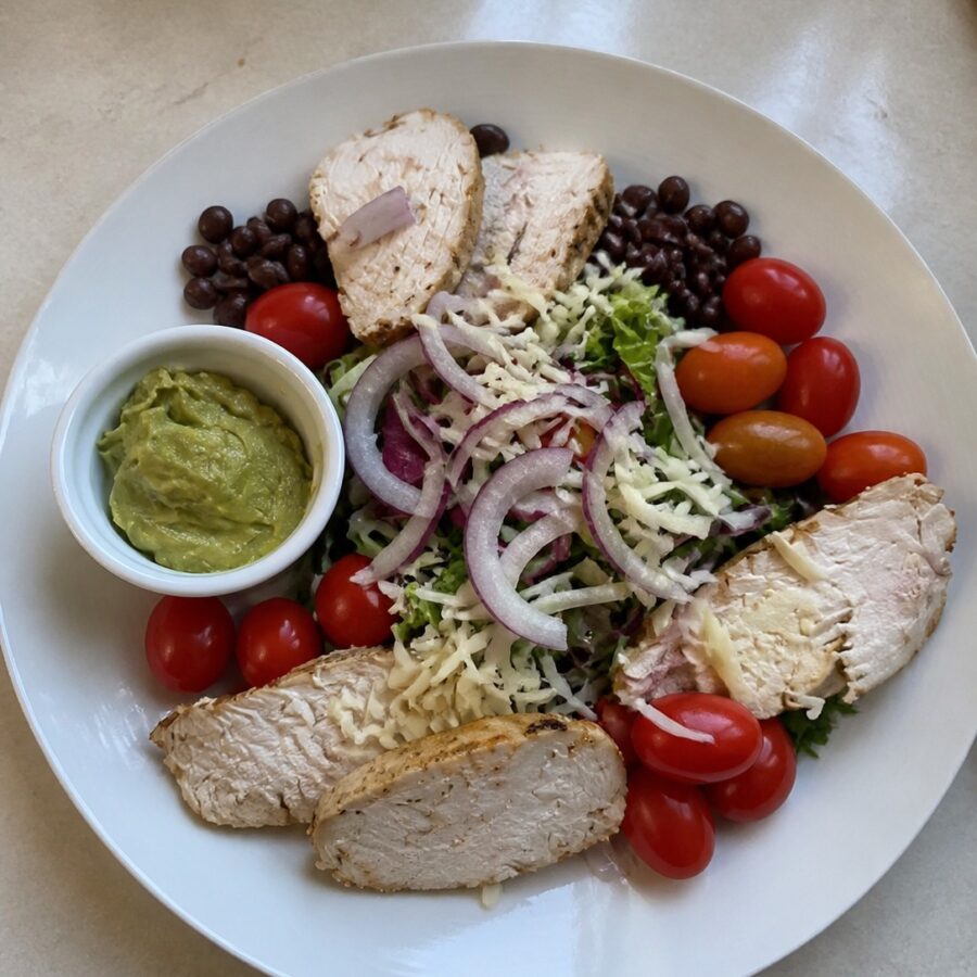 Sałatka meksykańska z plastrami kurczaka, serem cheddar, fasolą, pomidorami i czerwoną cebulą, guacamole
