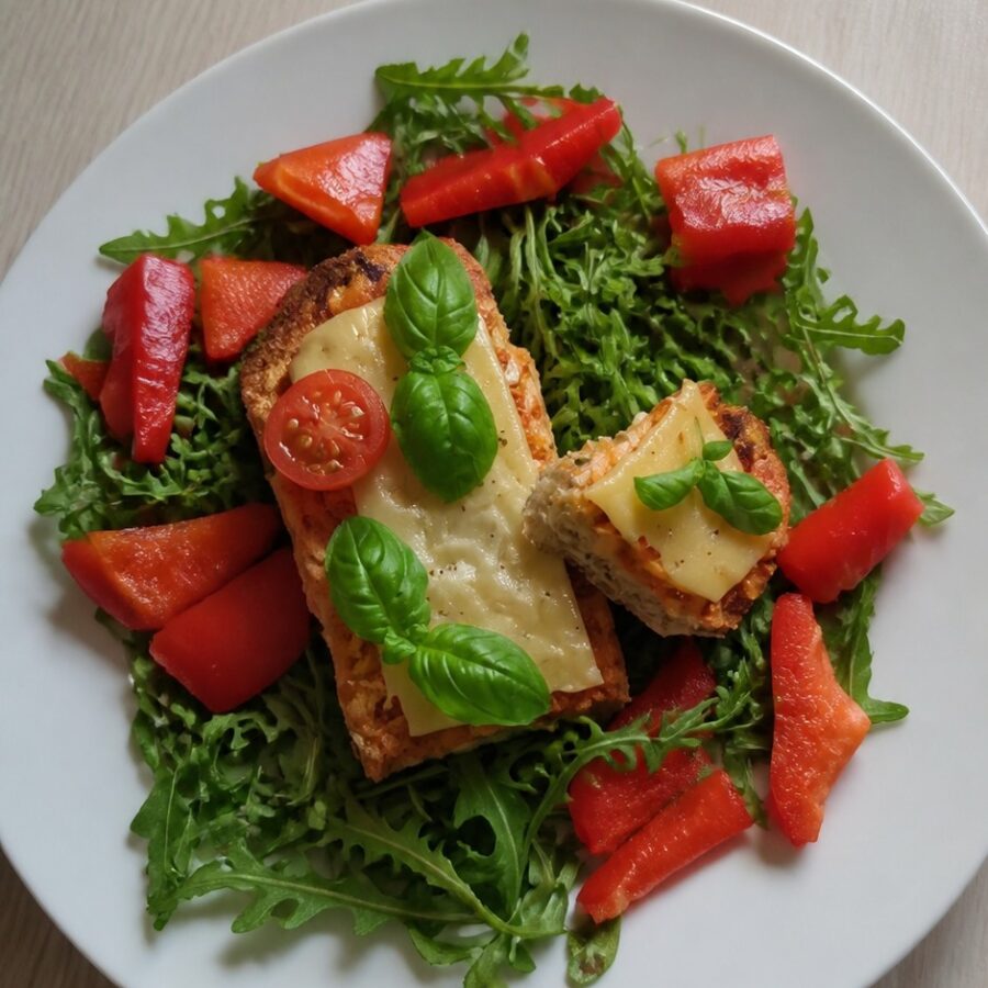 Grzanki z pomidorowym pesto i wegańskim serem, rukola z papryką