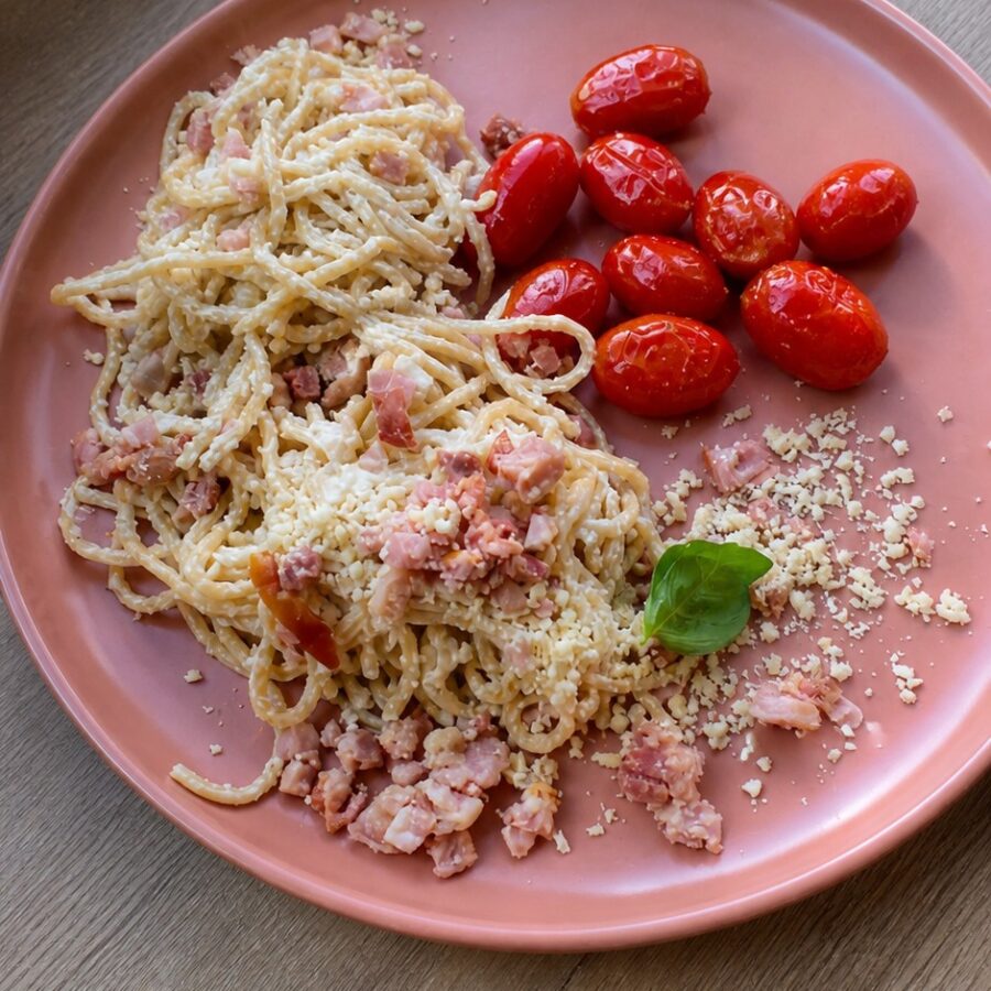 Spaghetti carbonara z boczkiem i parmezanem, pomidorki z pieca