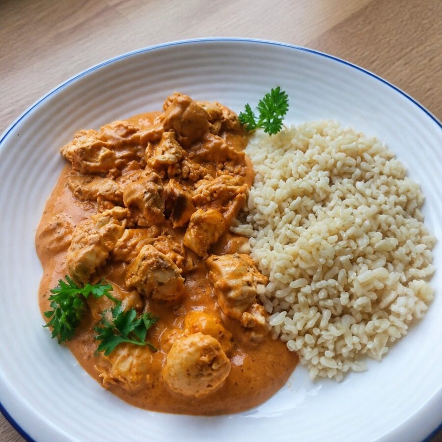Butter chicken z garam masala, ryż brązowy