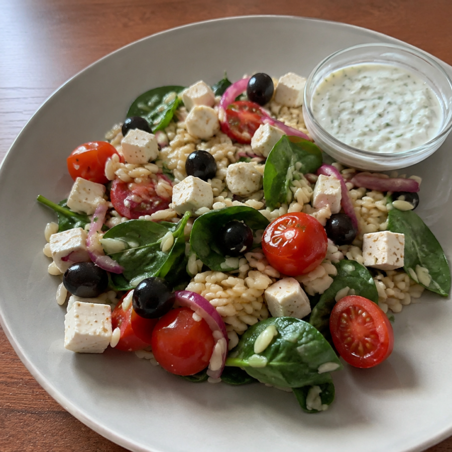 Grecki bowl z serem, marynowanymi oliwkami, makaronem orzo, pomidorami i czerwoną cebulą, dip tzatziki