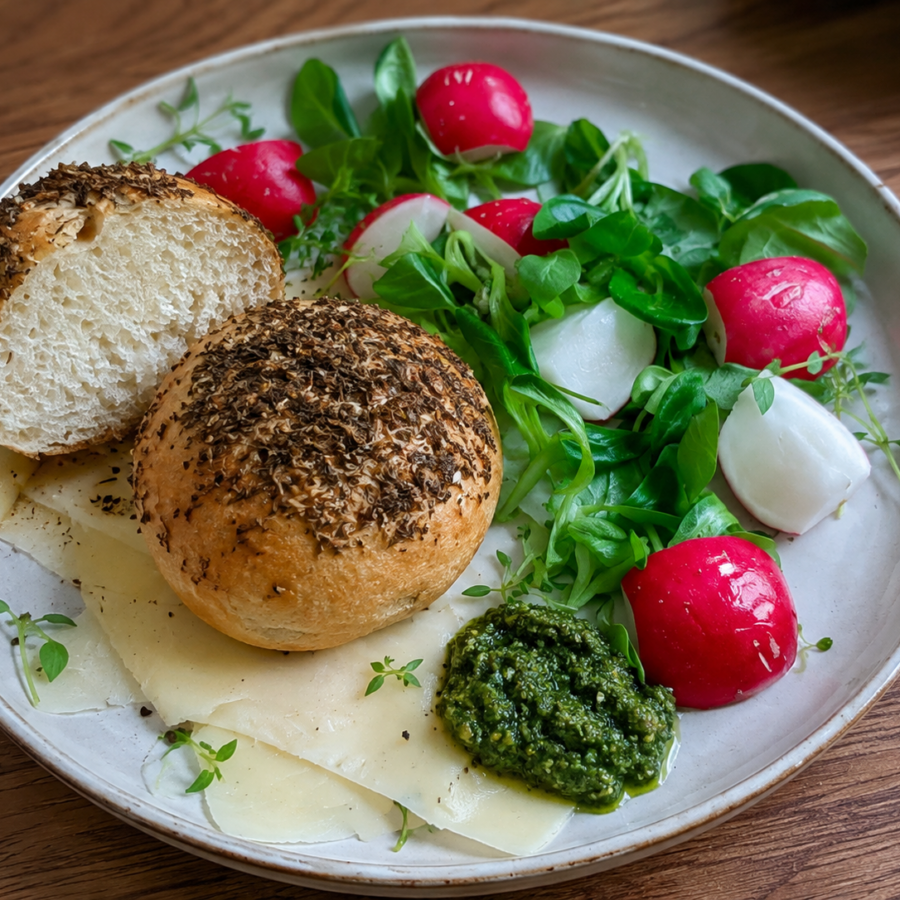 Bułeczka z ziołami prowansalskimi z pesto pietruszkowym i serem Królewskim, rzodkiewka