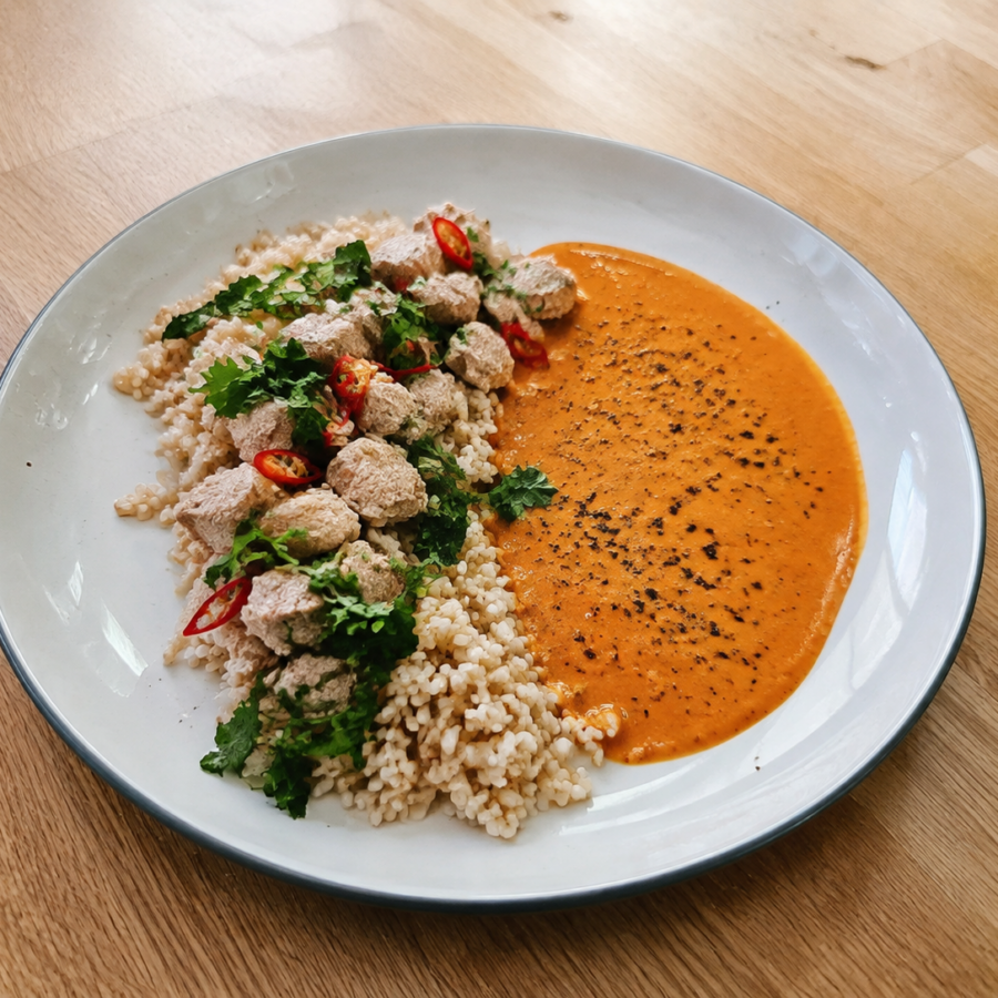 Indyk w sosie tikka masala, ryż brązowy