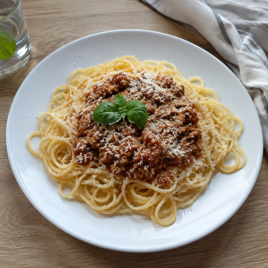 Spaghetti bolognese z Parmigiano Reggiano i bazylią